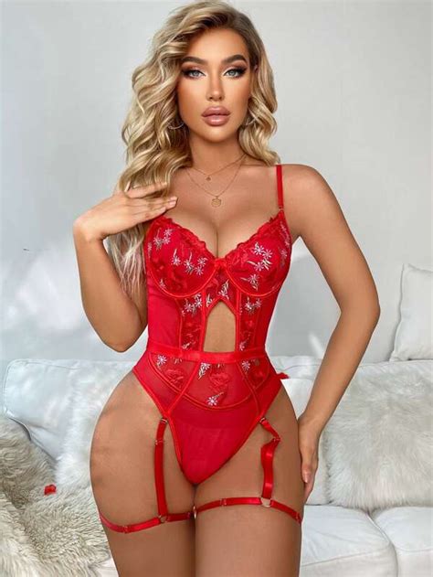 3pcs Floral Embroidery Mesh Underwire Teddy Bodysuit Shein Usa