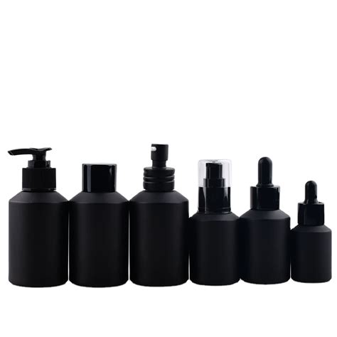 Slant Shoulder Matte Black Skin Care Set Glass Cosmetic Bottle