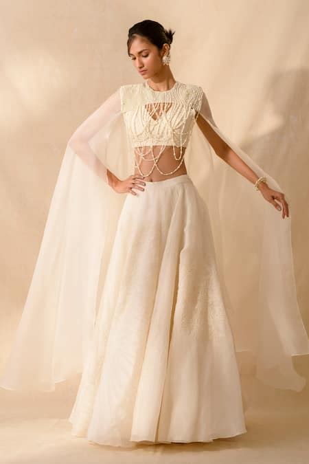 Buy Beige Organza Embroidered Pearl Cape Round Neck Ebony Embellished