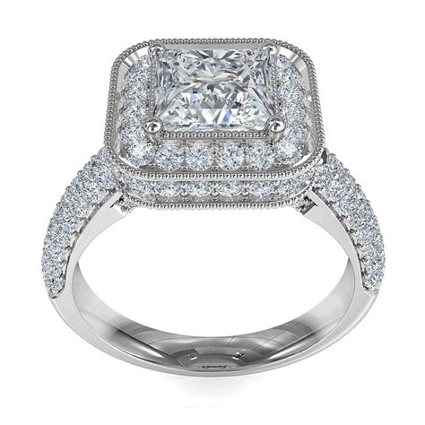 Princess Cut Halo Diamond Engagement Ring 4 Claw Set In A Rolled Milgrain Bead Set Halo With