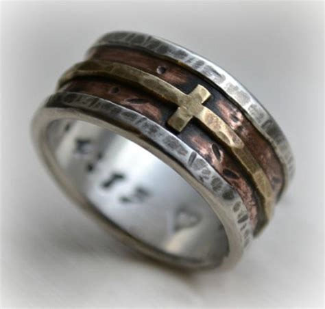 Mens Wedding Band Rustic Fine Silver Copper And Brass Cross