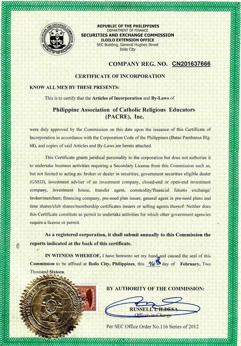 Securities And Exchange Commission Certificate Of Registration