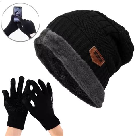 Kit Touca Gorro Lã Forrada Luva Touch Mexer Celular Frio