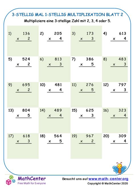 Vierte Klasse Arbeitsbl Tter Mehrstellige Multiplikation Math Center