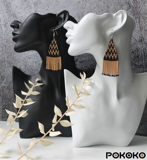 Black Gold Geometric Beaded Earrings Evening Beaded Earrings Dangle