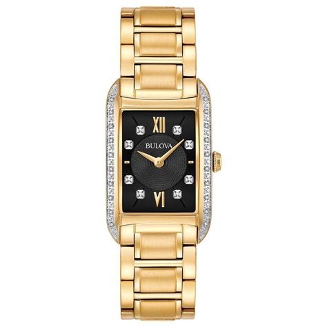 Bulova Women S Goldtone Stainless Diamond Accent Black Dial Bracelet