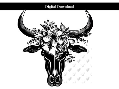 Black And White Floral Bull Skull Svg Cow Skull Svg Bull Skull Svg