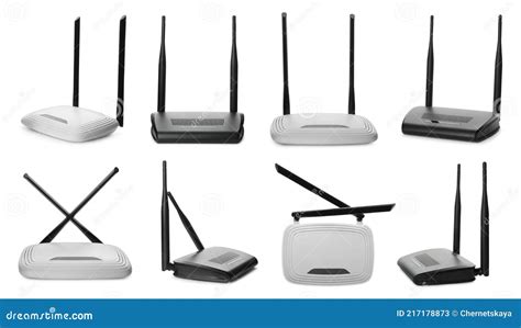 Set With Modern Wi Fi Routers On White Background Banner Design Stock