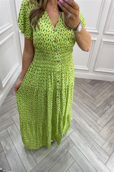 Lime Azalea Pattern Shirred Maxi Dress Want That Trend