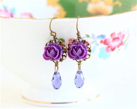 Purple Flower Earrings Dangle Earrings Wedding By Jacarandadesigns