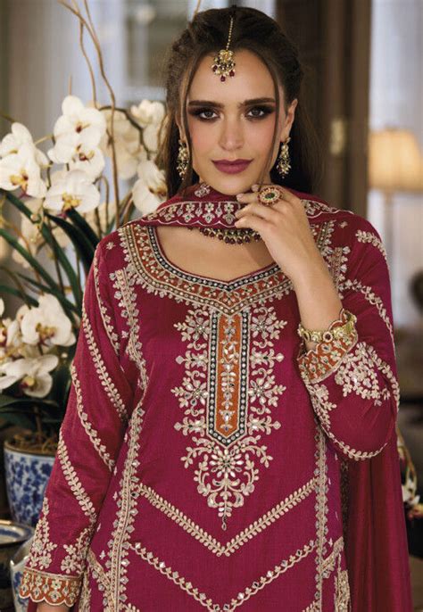 Buy Embroidered Art Silk Pakistani Suit In Maroon Online Kch