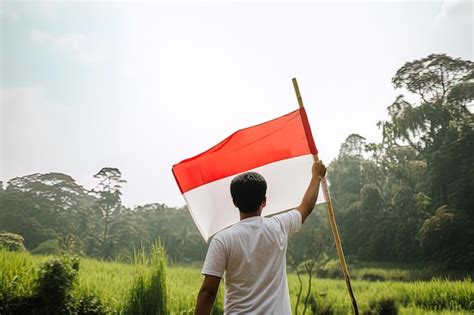 Premium Photo A Man Holding A Red And White Indonesia Flag On Top Of