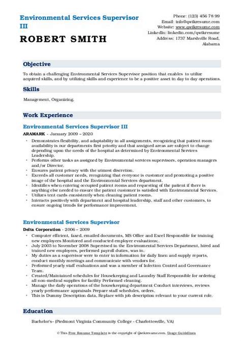 Environmental Services Supervisor Resume Samples Qwikresume