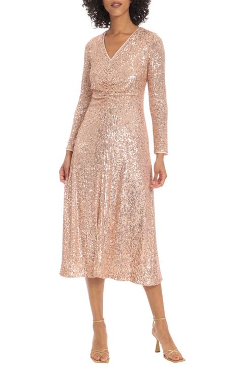 Maggy London Sequin V Neck Long Sleeve Midi Dress In Rose Gold Modesens