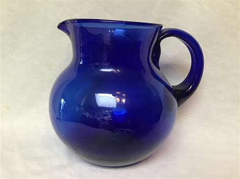 Vintage Cobalt Blue Glass Pitcher Hand Blown Pitcher Jug Etsy