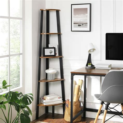 Vasagle Industrial Bookcase 5 Tier Corner Shelf Rustic Brown