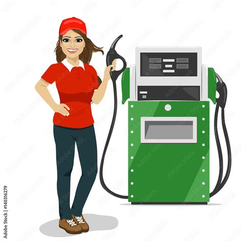 Female Gas Station Worker Holding Petrol Pump Standing Next To Fuel