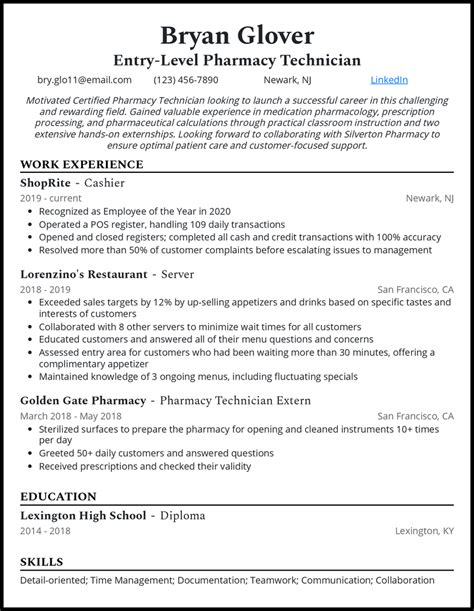 Entry Level Pharmacy Technician Resume Examples Templates