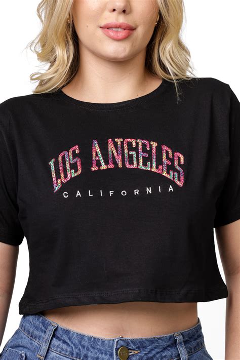 CROPPED LOS ANGELES CALIFORNIA BORDADO LANTEJOULA PRETO Atacado