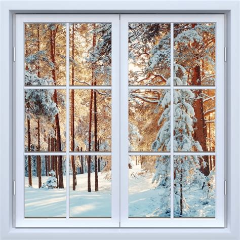 Wall Mural White Closed Window Pine Trees Covered With Snow Pixers Us