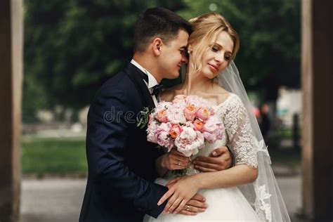 Happy Sensual Handsome Groom And Blonde Beautiful Bride In White Stock Image Image Of Marriage