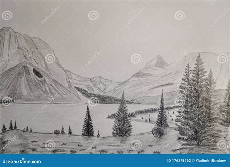 Drawing a Beautiful Landscape in Pencil Stock Photo - Image of tree ...