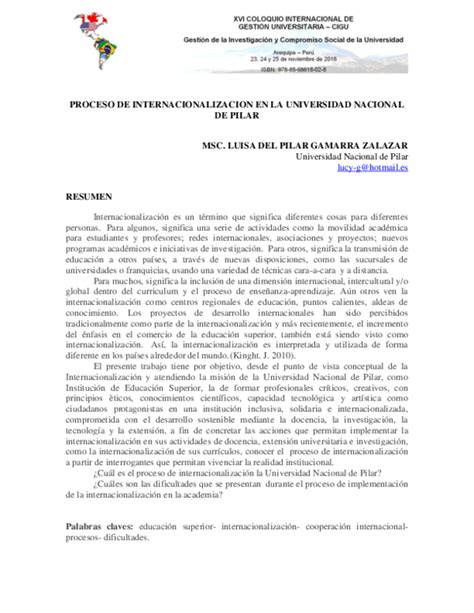 Pdf Proceso De Internacionalizacion En La Universidad Nacional De Pilar Luisa Gamarra