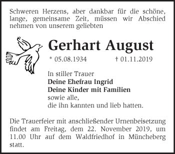 Traueranzeigen Von Gerhart August M Rkische Onlinezeitung Trauerportal