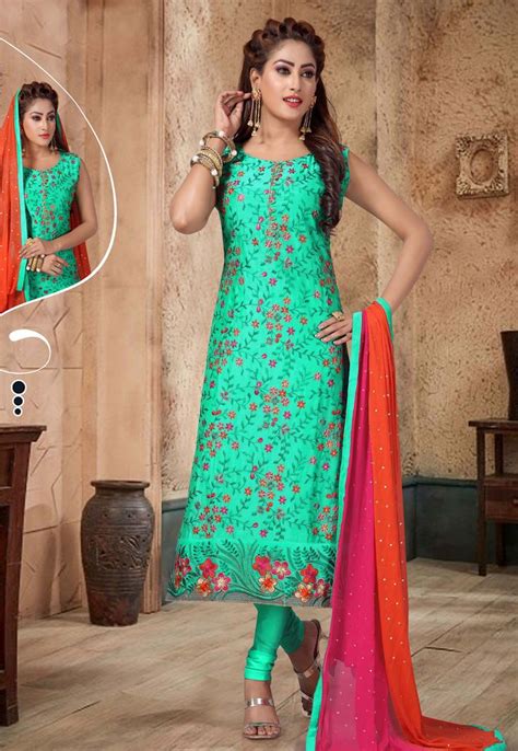 Buy Aqua Chanderi Readymade Churidar Suit 171682 Online At Lowest Price