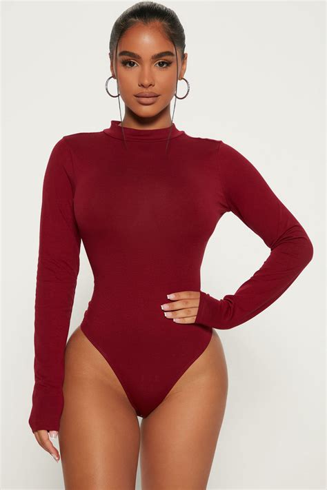 Melanie Mock Neck Bodysuit Burgundy Fashion Nova Basic Tops