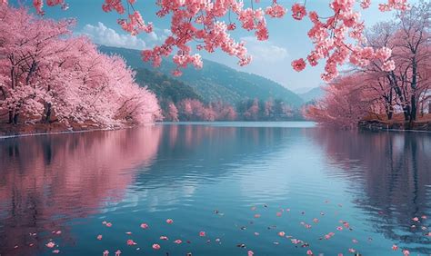 Premium Photo | A painting of cherry blossoms on a lake