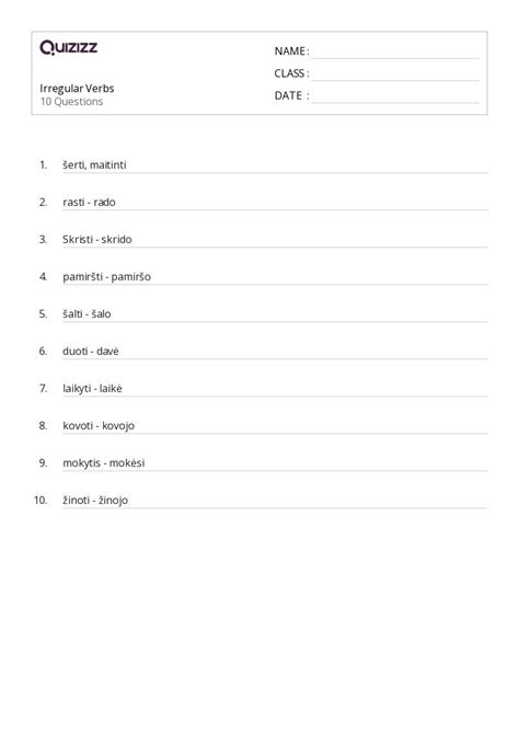 50 Irregular Verbs Worksheets For 5th Class On Quizizz Free And Printable