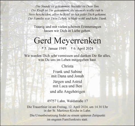 Traueranzeigen Von Gerd Meyerrenken Noz Trauerportal