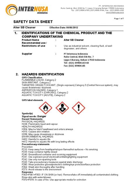 Msds Alter Sb Cleaner Pdf Personal Protective Equipment Toxicity