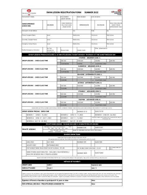 Fillable Online Swim Lesson Registration Form Summer Fax Email