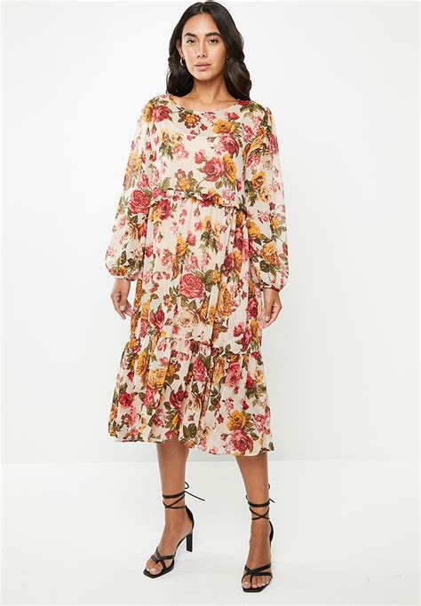 Floral Printed Chiffon Tiered Crew Neck Long Sleeve Midi Dress Multi