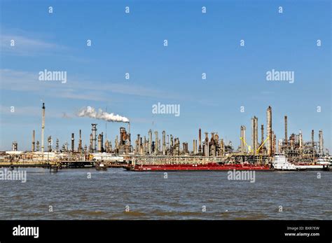 Barges unloading at Chevron oil refinery (largest refinery in US ...