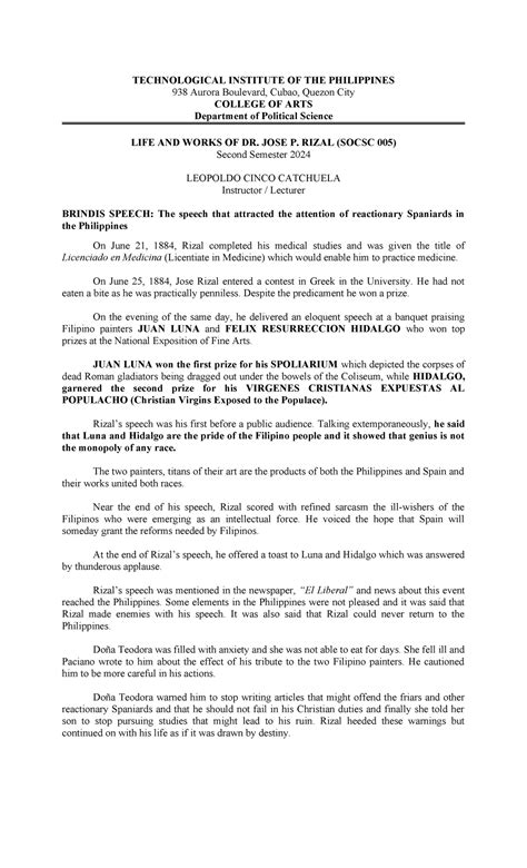 Rizal Brindis Speech Midterm Technological Institute Of The
