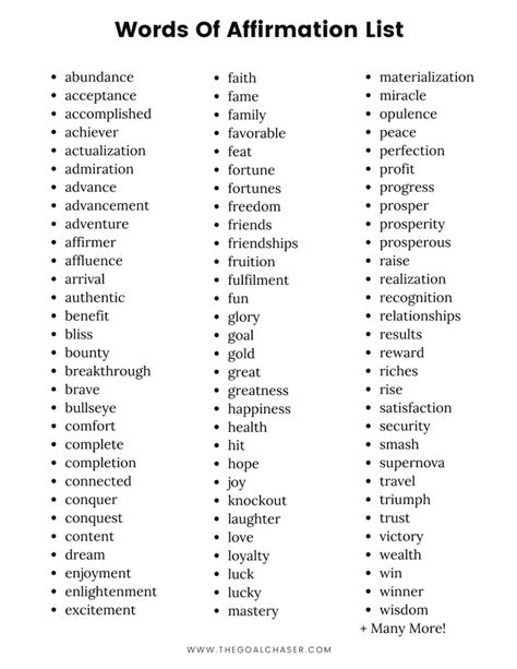 Affirmation Words List - 100 Positive Affirmation Words - The Goal Chaser