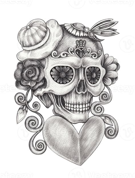 Art Fancy Skull Tattoo Hand Drawing On Paper Png