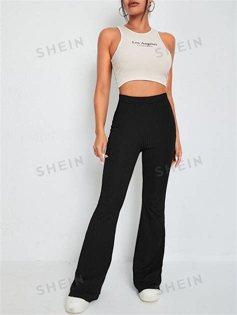 Shein Ezwear Solid Rib Knit Flare Leg Trousers Shein Uk