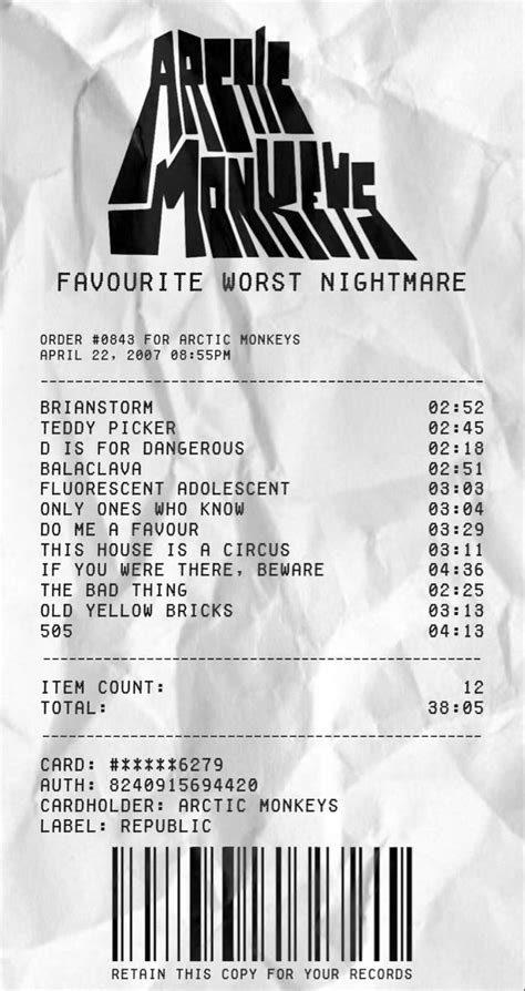 Favourite Worst Nightmare Receipt Arctic Monkeys Music Poster Ideas