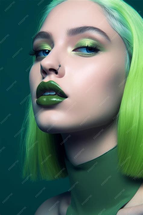 Premium Ai Image A Woman With Green Hair And Green Lipstick