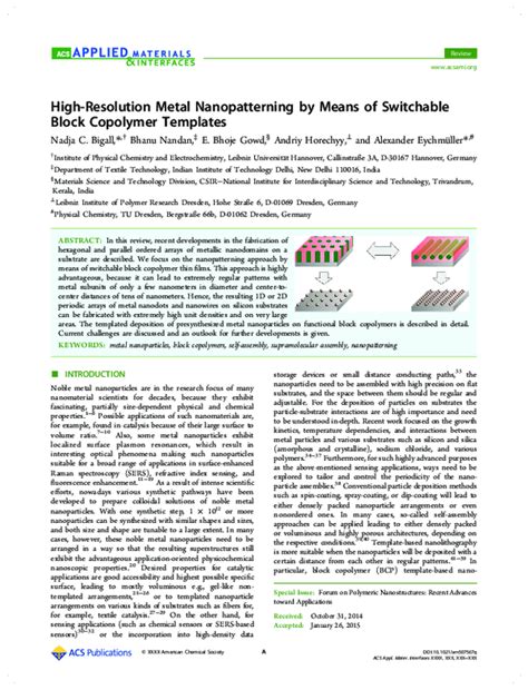 Pdf High Resolution Metal Nanopatterning By Means Of Switchable Block Copolymer Templates