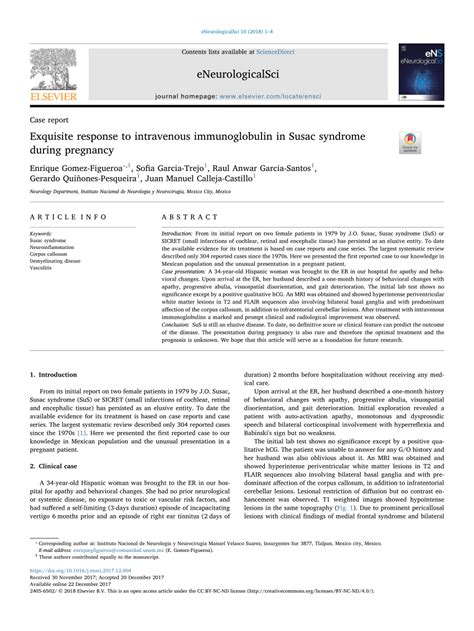 Pdf Exquisite Response To Intravenous Immunoglobulin In Susac