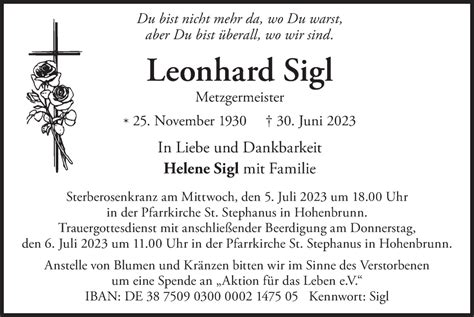 Traueranzeigen Von Leonhard Sigl Trauer Merkur De