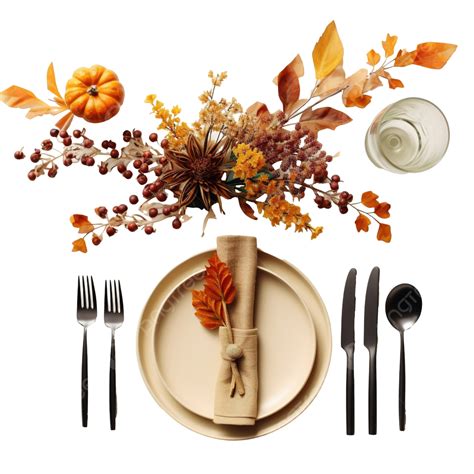 Flat Lay Of Thanksgiving Table Arrangement With Cutlery And Autumn Leaves Flat Lay Table