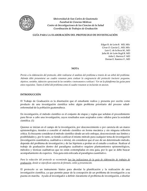 Guía Para La Elaboración Del Protocolo Universidad De San Carlos De Guatemala Facultad De