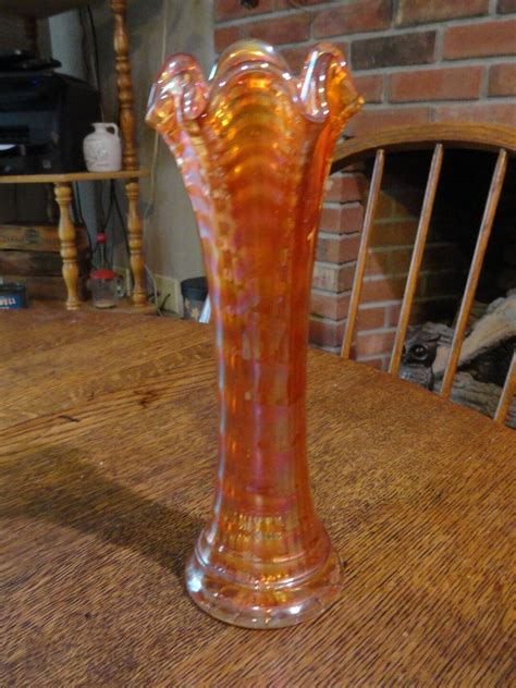 Antique Imperial Glass Marigold Swung Flower Vase Ripple Carnival Glass 1910s Orange Ruffle