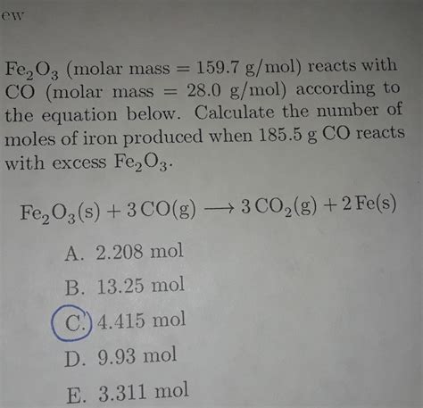 Solved Fe Molar Mass G Mol Reacts With Co Chegg